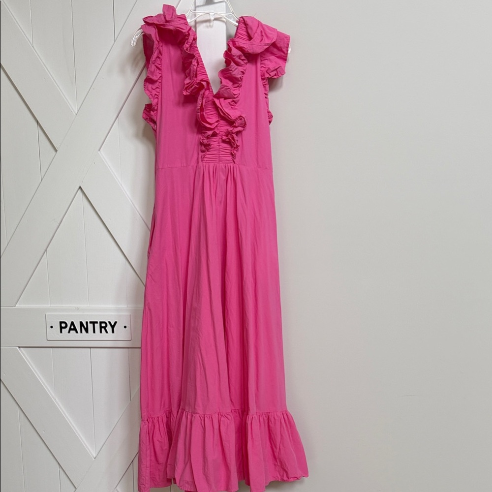 Ruffled V-Neck Midi Dress in Hot Pink